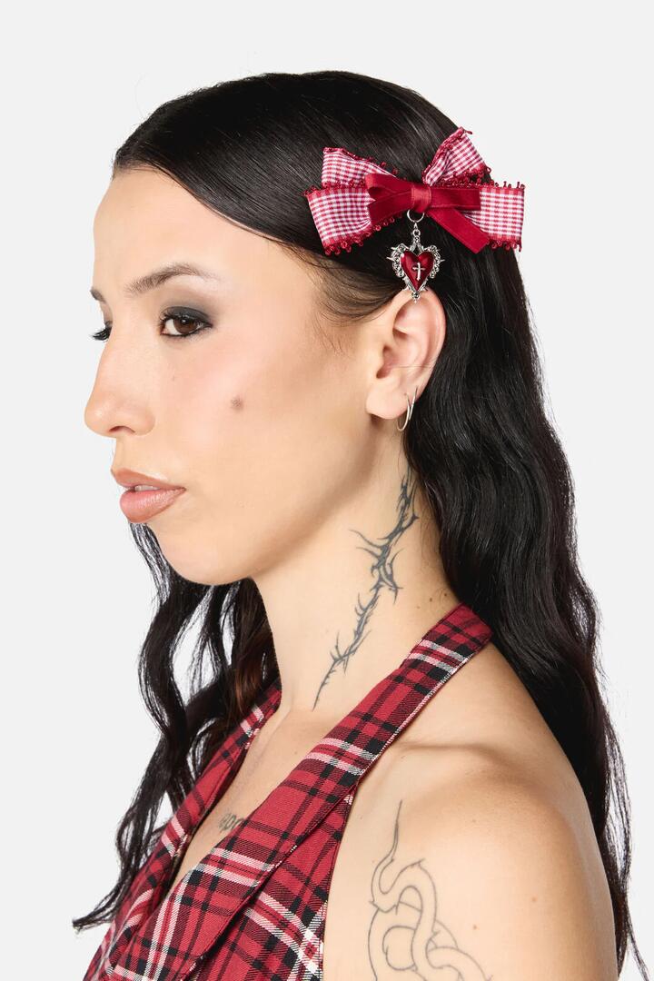 Image of Hair Accessories. Productname: Red Goth Check Bow Clip in Red colour by brand - Black Friday
