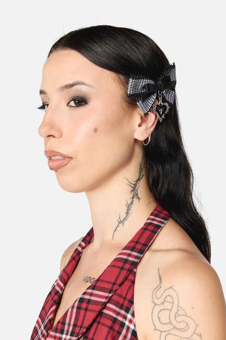 Image of Hair Accessories. Productname: Black Goth Check Bow Clip in Black colour by brand - Black Friday