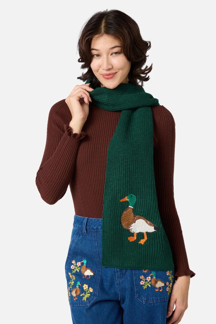 Image of Scarves & Shawls. Productname: Duck Embroidered Knit Scarf in Green colour by brand - Princess Highway