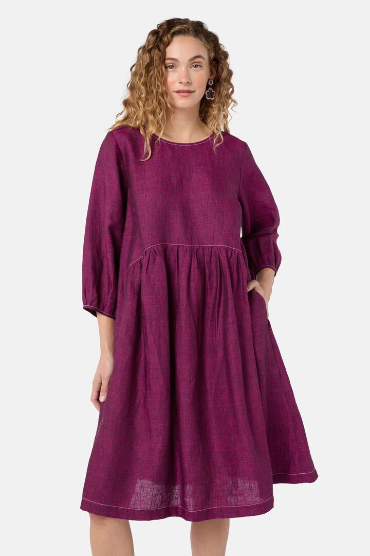 Image of Dresses. Product name - Top Stitch Shot Linen Dress in Pink colour by brand - Gorman