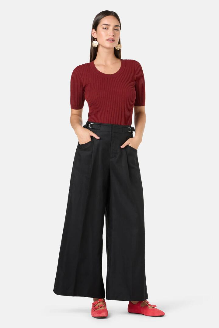 Image of a model wearing Pants. Product name - Liana Wide Leg Pant in Black colour by brand - Gorman