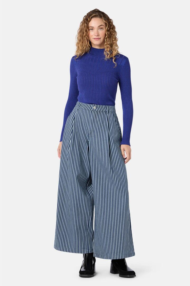 Image of a model wearing Skirts. Product name - Stripe Life Denim Skort in Stripe colour by brand - Gorman