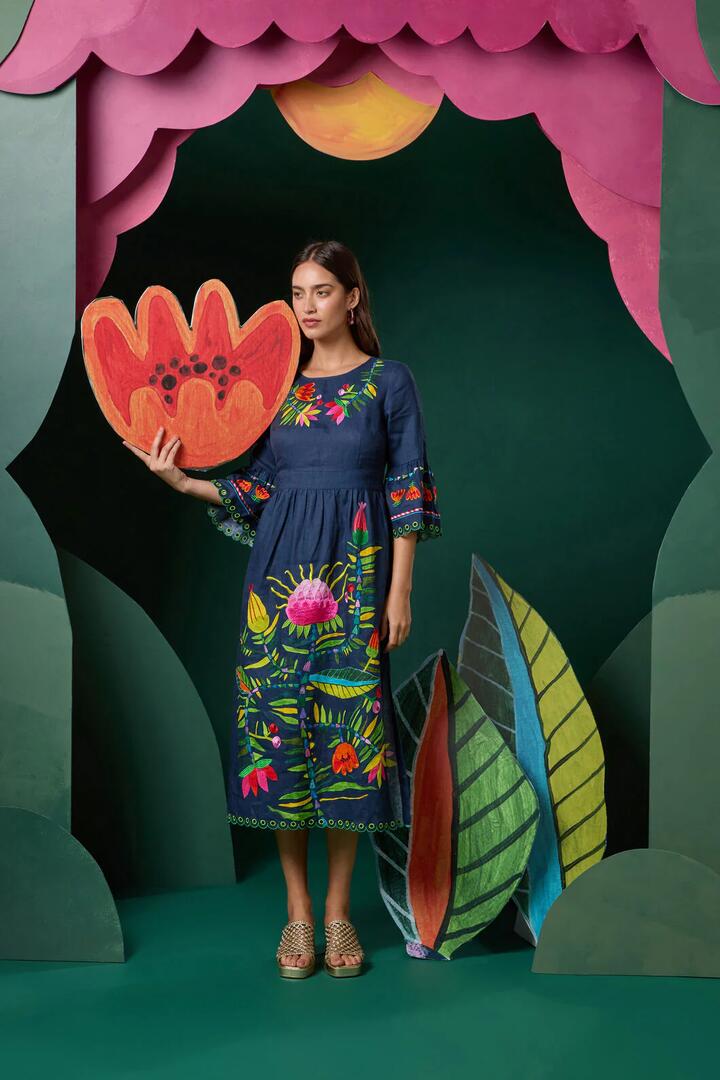 Image of Dresses. Product name - Pretty Protea Embroidered Dress in Navy colour by brand - Gorman
