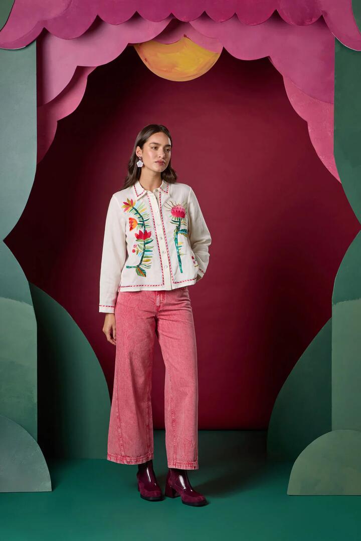 Image of Shirts. Product name - Pretty Protea Embroidered Shirt in Cream colour by brand - Gorman