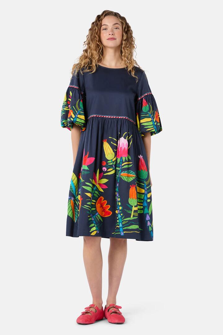 Image of Dresses. Product name - Pretty Protea Cotton Dress in Navy colour by brand - Gorman