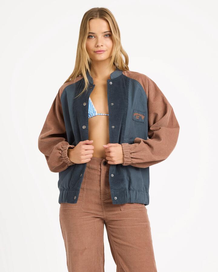 Image of a model wearing Outerwear. Product name - Billabong Womens Og Real Bomber Jacket Stormy in Stormy colour by brand - Billabong