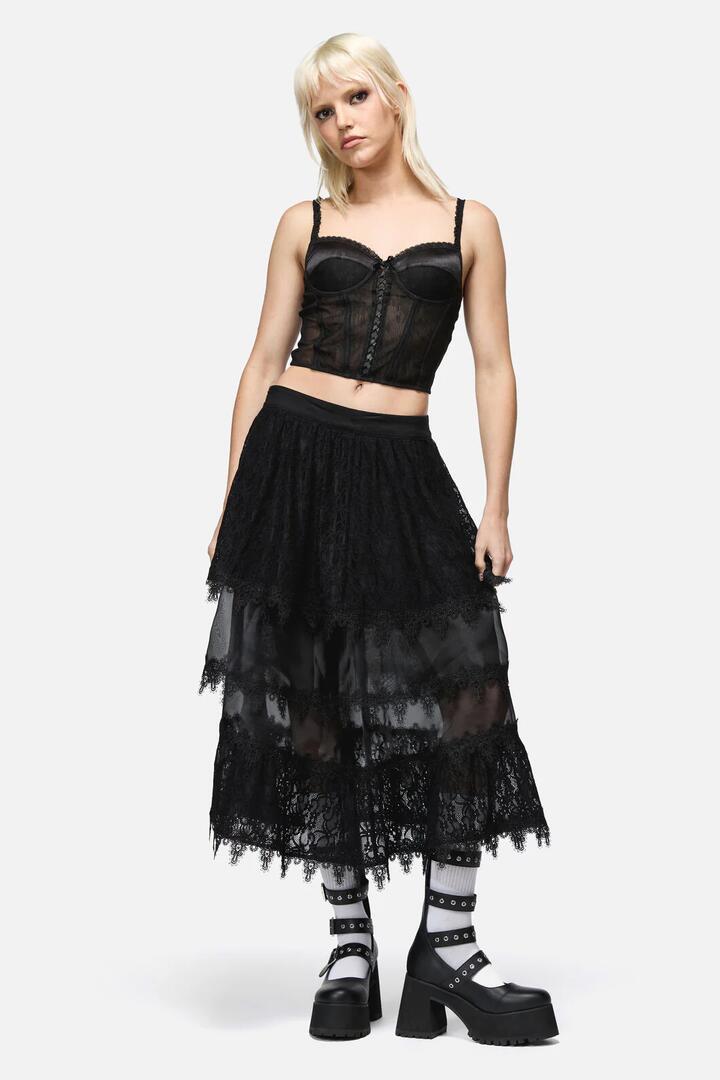 Image of a model wearing Skirts. Productname: So Cynical Lace Midi Skirt in Black colour by brand - Dangerfield