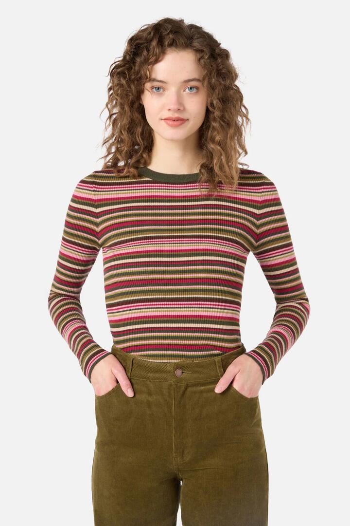 Image of a model wearing Tops. Productname: Lucy Stripe Knit Top in Green colour by brand - Princess Highway