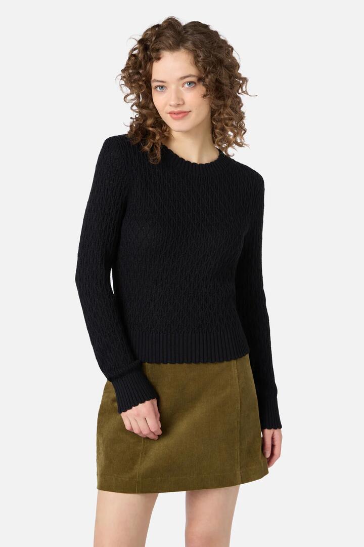 Image of a model wearing Outerwear. Productname: Amelia Knit Jumper in Black colour by brand - Princess Highway