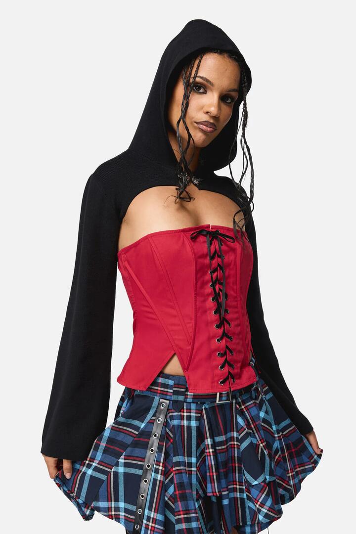 Image of a model wearing Outerwear. Productname: Noble Knitted Hood Sleeve in Black colour by brand - Black Friday