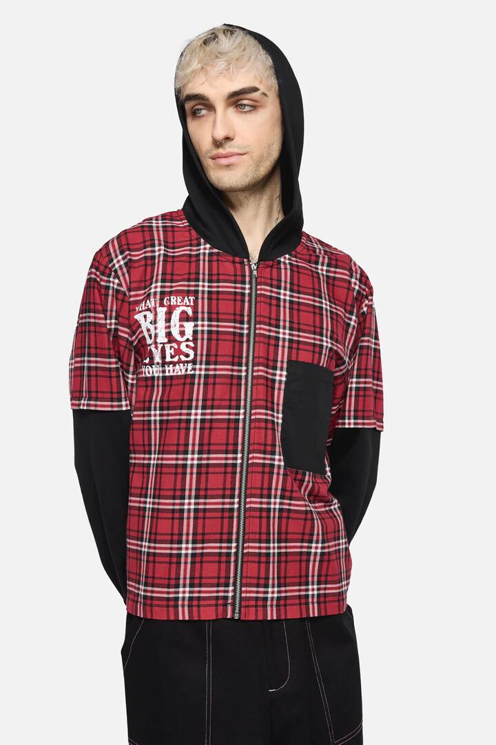 Image of a model wearing Outerwear. Productname: Louve Tartan Hoodie in Red/Black colour by brand - Black Friday