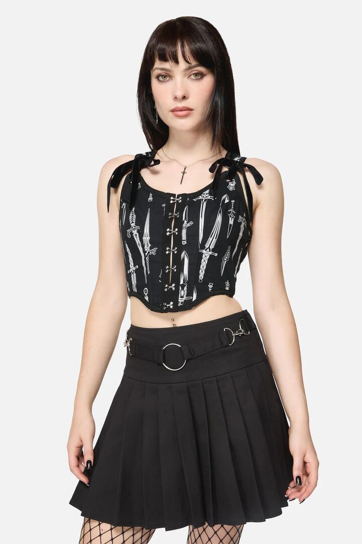 Image of a model wearing Tops. Productname: Dagger Goth Corset Top in Black colour by brand - Dangerfield