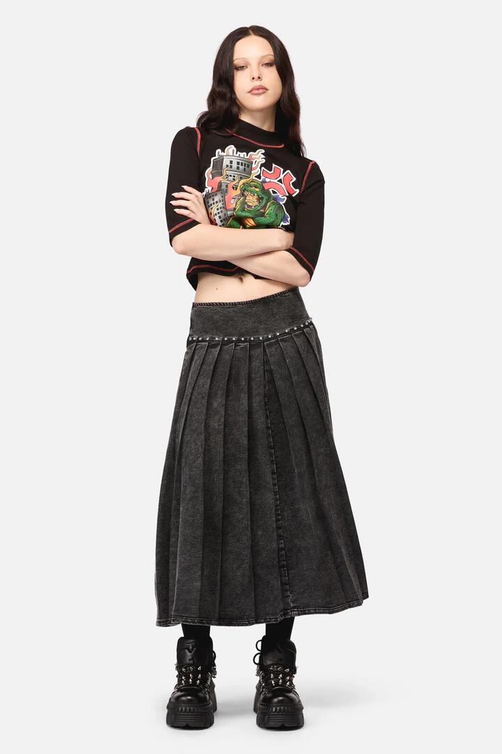 Image of a model wearing Skirts. Productname: Riot Punk Denim Midi Skirt in Black colour by brand - Black Friday