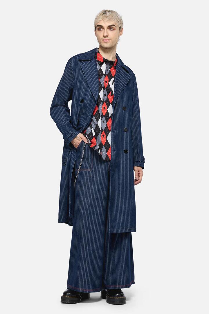 Image of a model wearing Outerwear. Productname: Anon Pin Stripe Coat in Indigo colour by brand - Dangerfield