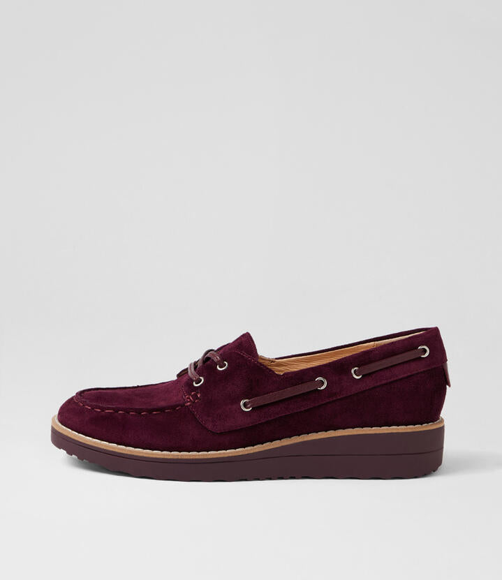 Image of Shoes. Product name - Orton Burgundy Suede Boat Shoes in Burgundy-Burgundy Sole colour by brand - MIDAS