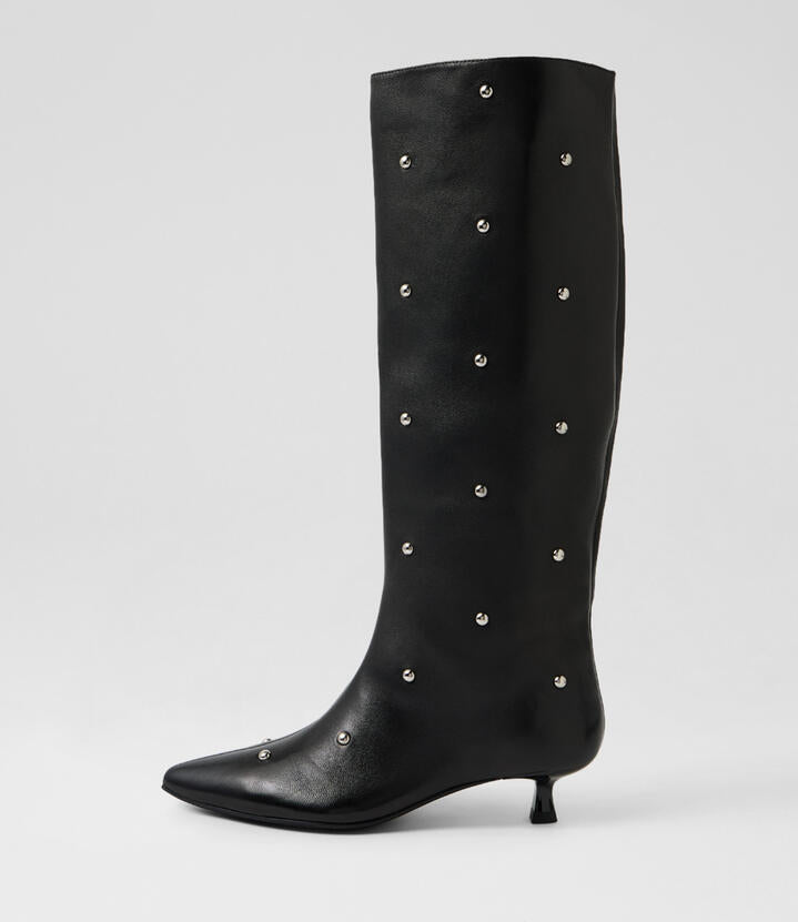 Image of Boots. Product name - Centese Black Dome Stud Leather Knee High Boots in Black-Dome Stud colour by brand - MOLLINI