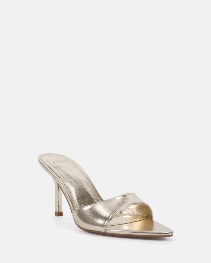 Image of Heels. Product name - Yolo Gold Metallic Vegan Heels in Metallic colour by brand - Novo
