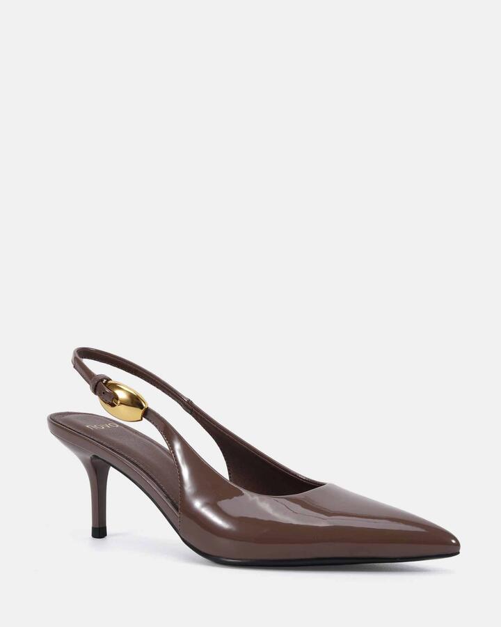 Image of Heels. Product name - Iconic Ice Coffee Patent Vegan Heels in Ice Coffee Patent colour by brand - Novo