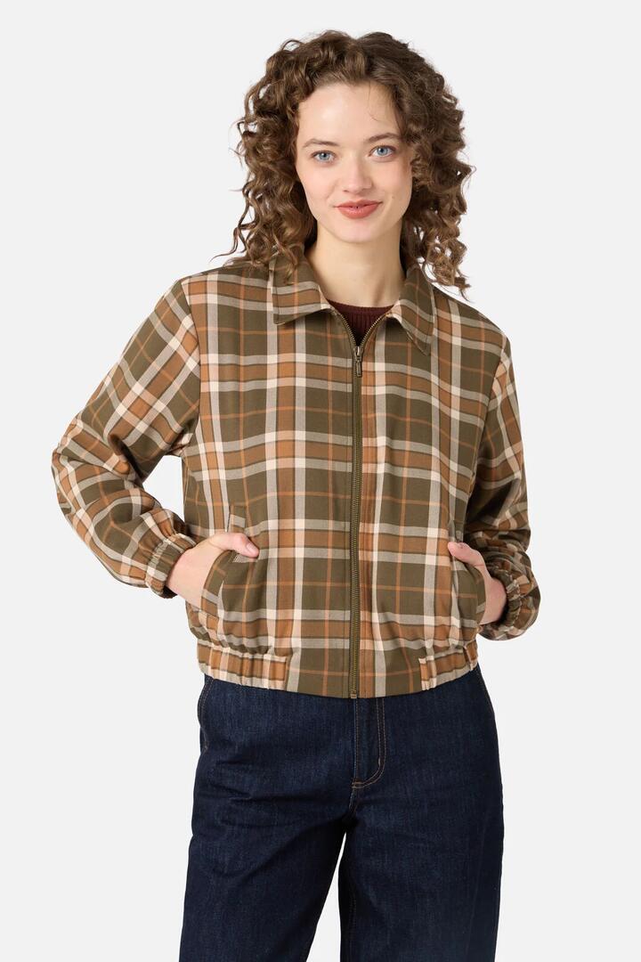 Image of a model wearing Outerwear. Productname: Vera Check Bomber Jacket in Green colour by brand - Princess Highway