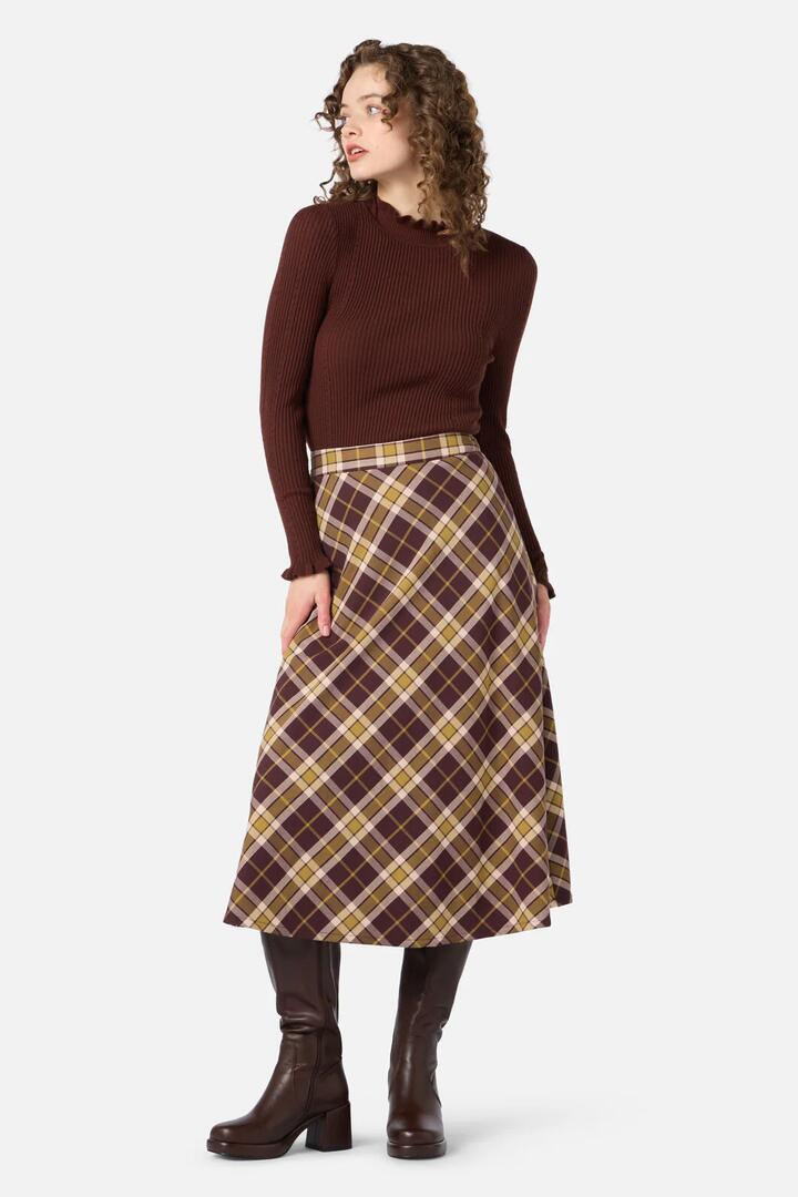 Image of a model wearing Skirts. Productname: Vera Check Midi Skirt in Chocolate colour by brand - Princess Highway