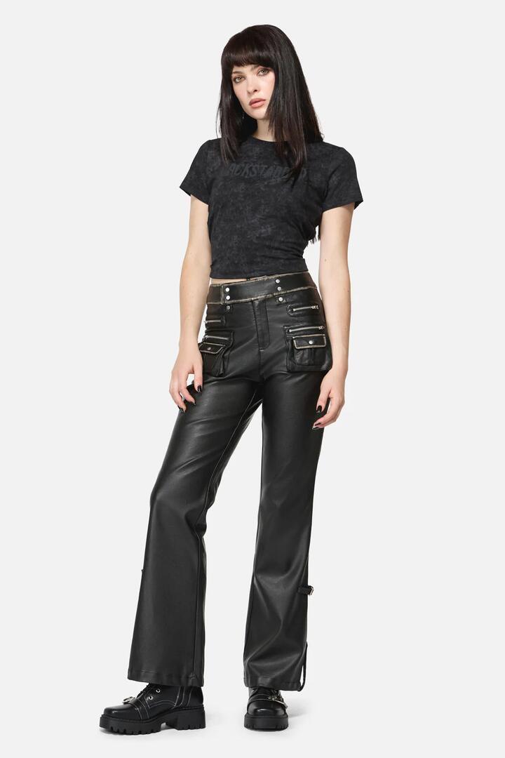 Image of a model wearing Pants. Productname: Eyes Closed PU Cargo in Black colour by brand - Dangerfield