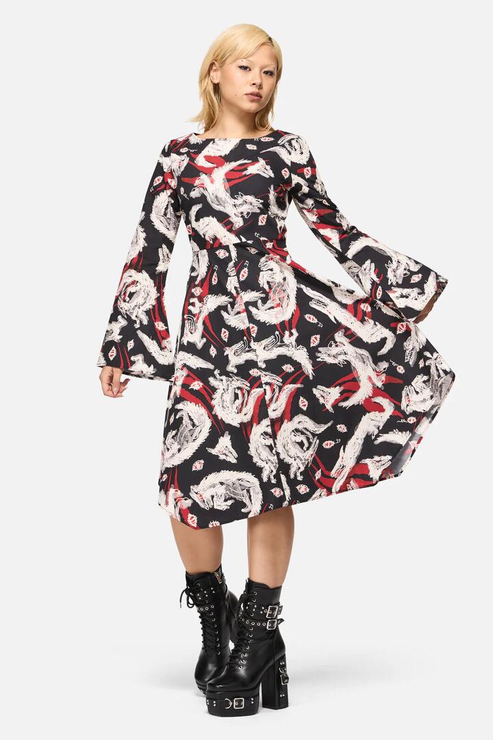 Image of Dresses. Productname: Louve Print Flare Sleeve Dress in Black colour by brand - Black Friday