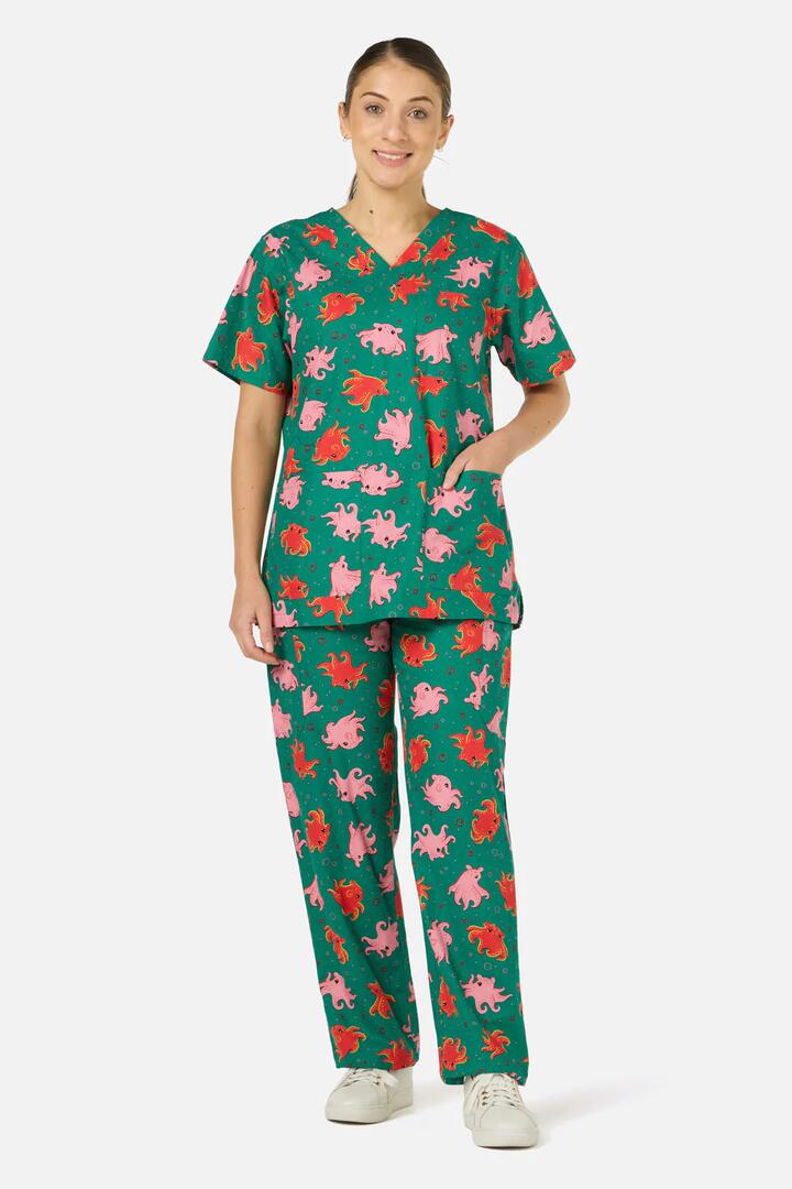 Image of a model wearing Uniforms & Workwear. Productname: Octopi Scrub Set in Green colour by brand - Scrubs With Love