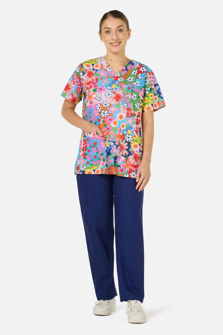Image of a model wearing Uniforms & Workwear. Product name - Floral Field Top & Pant Scrub Set in Navy colour by brand - Gorman
