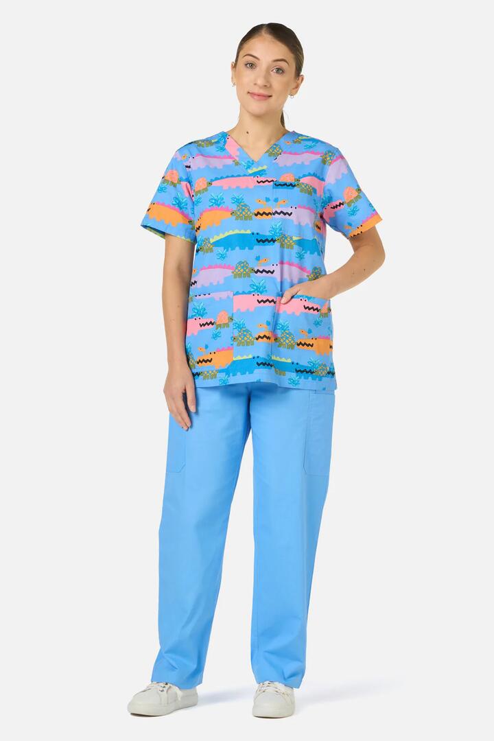 Image of a model wearing Uniforms & Workwear. Product name - Croc Snap Top & Pant Scrub Set in Blue colour by brand - Gorman