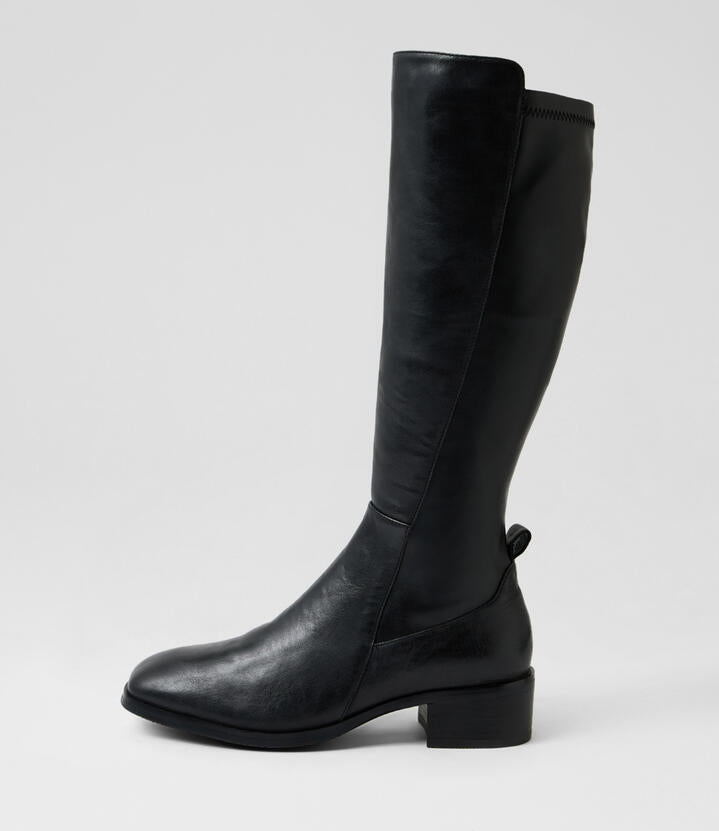 Image of Boots. Product name - Ochi Black Leather Knee High Boots in Black-Black Heel colour by brand - MIDAS