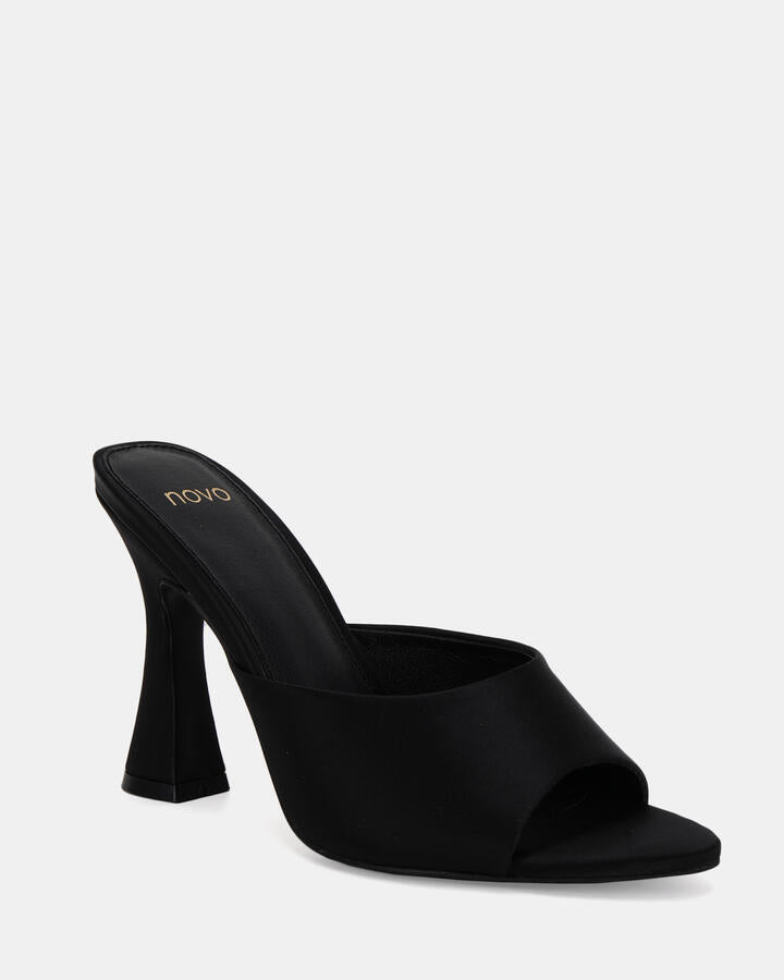 Image of Heels. Product name - Zabrina Black Satin Vegan Heels in Black colour by brand - Novo