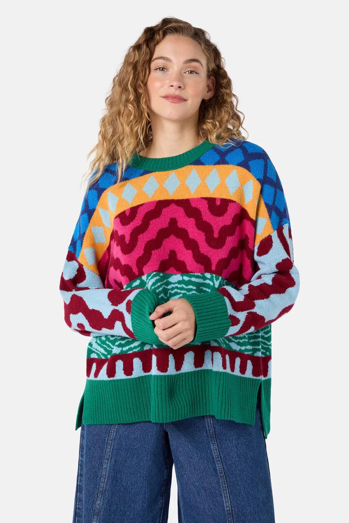 Image of a model wearing Outerwear. Product name - Morocco Stripe Jumper in Multi colour by brand - Gorman