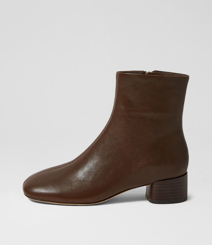 Image of Boots. Product name - Gluve Choc Luxe Dark Brown Leather Ankle Boots in Choc Luxe-Dk Brown Heel colour by brand - MOLLINI
