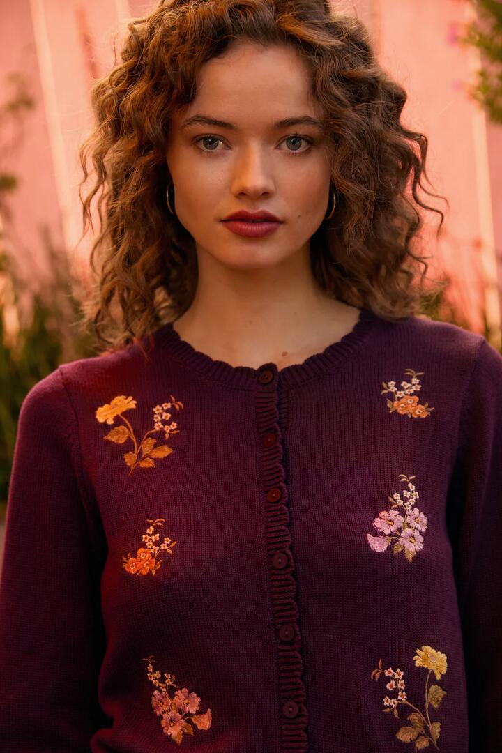 Image of Cardigans. Productname: Winona Flower Embroidered Cardigan in Plum colour by brand - Princess Highway