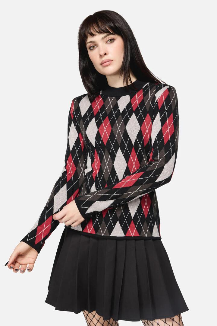 Image of a model wearing Tops. Productname: Trickster Goth Knit in Multi colour by brand - Dangerfield
