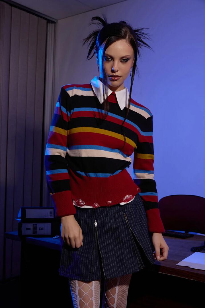 Image of a model wearing Tops. Productname: Facade Stripe Punk Knit in Multi colour by brand - Black Friday