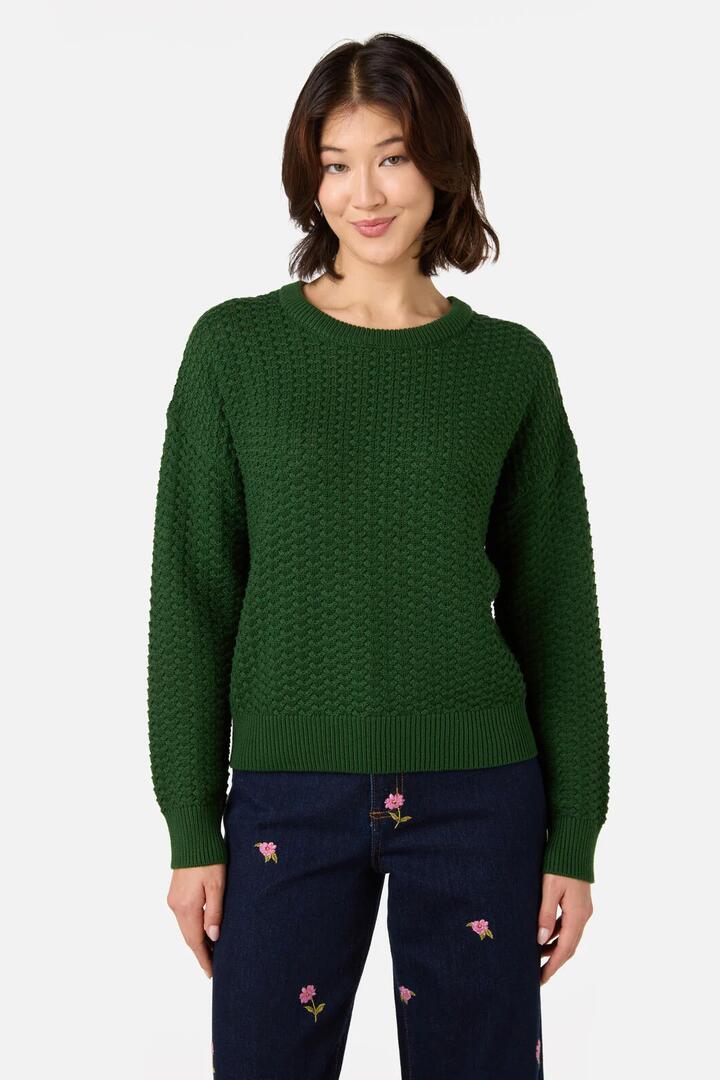 Image of a model wearing Outerwear. Productname: Bobbie Knit Jumper in Green colour by brand - Princess Highway