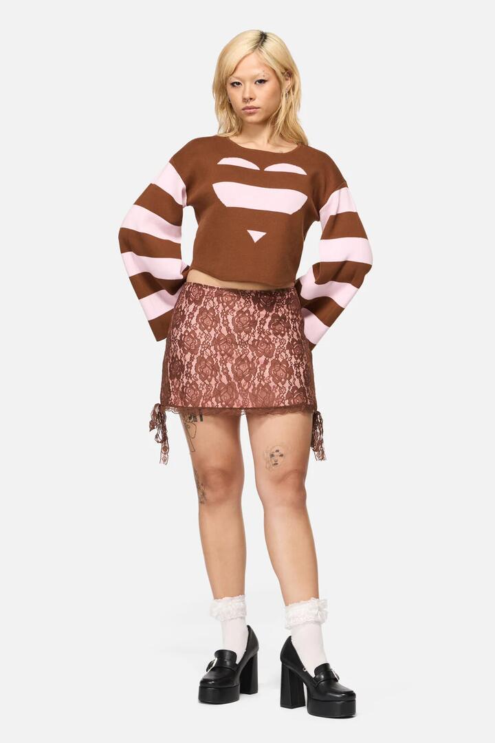 Image of a model wearing Skirts. Productname: Increasing Silence Lace Skort in Pink/Brown colour by brand - Black Friday
