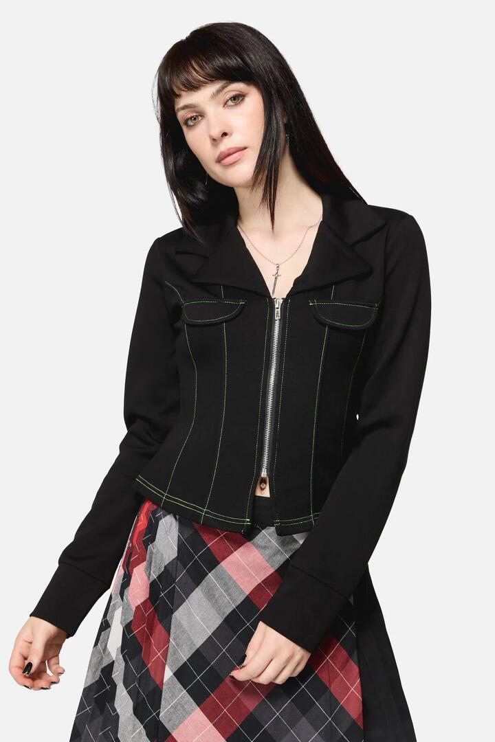 Image of a model wearing Tops. Productname: Trickster Goth LS Top in Black colour by brand - Dangerfield