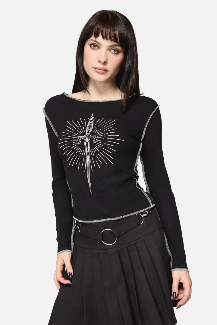 Image of a model wearing Tops. Productname: Dagger Goth Top in Black colour by brand - Dangerfield