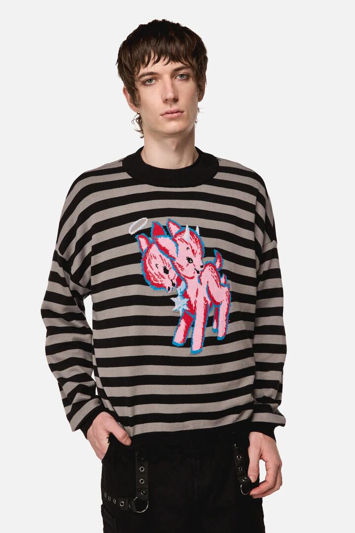Image of a model wearing Tops. Productname: Creeps Goth Stripe Knit in Black colour by brand - Dangerfield
