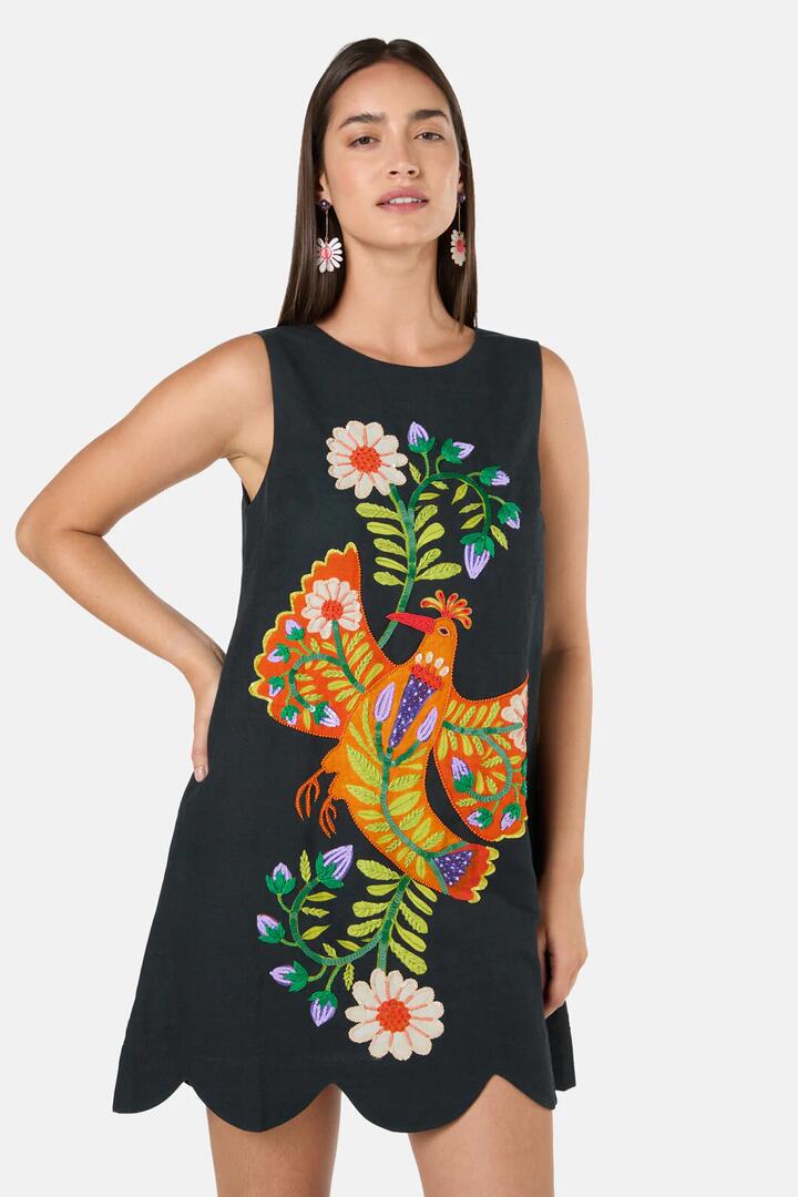 Image of Dresses. Product name - Blooming Bird Embroidered Shift Dress in Black colour by brand - Gorman