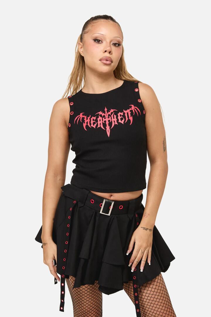 Image of a model wearing Tops. Product name - Divination Goth Tank in Black colour by brand - Dangerfield