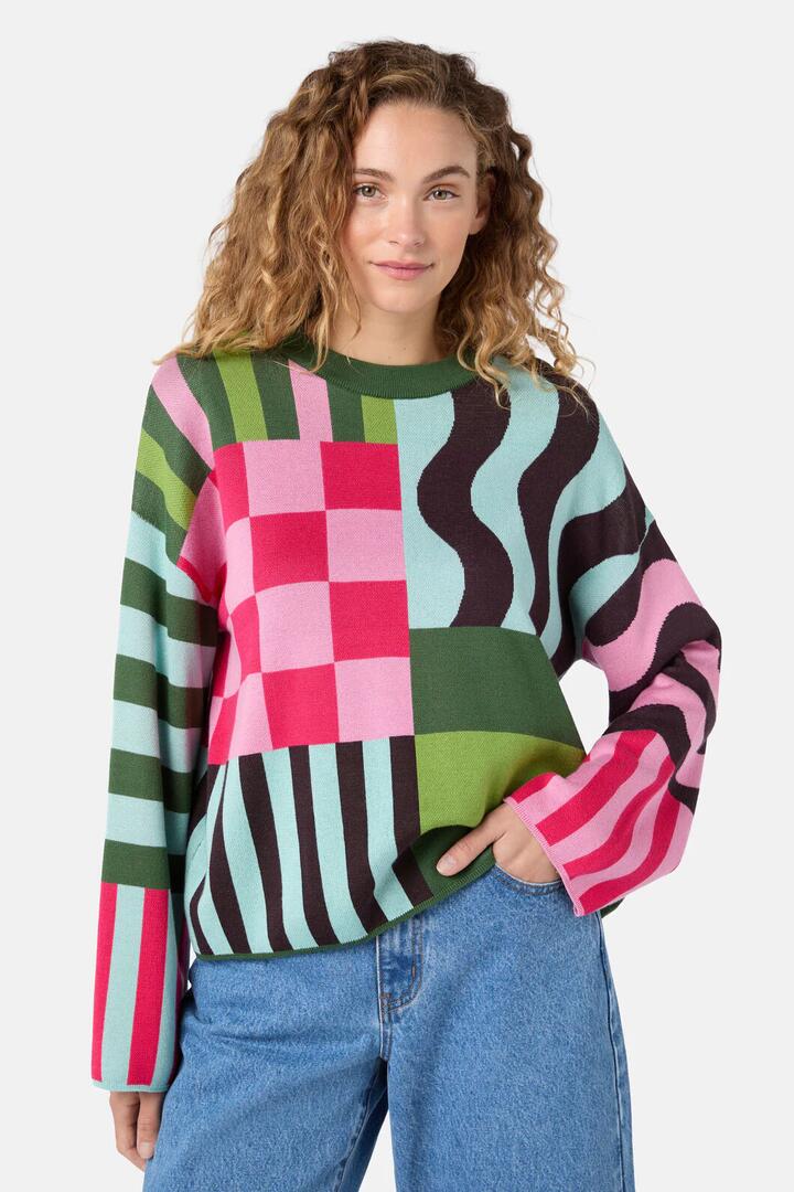 Image of a model wearing Outerwear. Product name - Warpweave Jumper in Multi colour by brand - Gorman