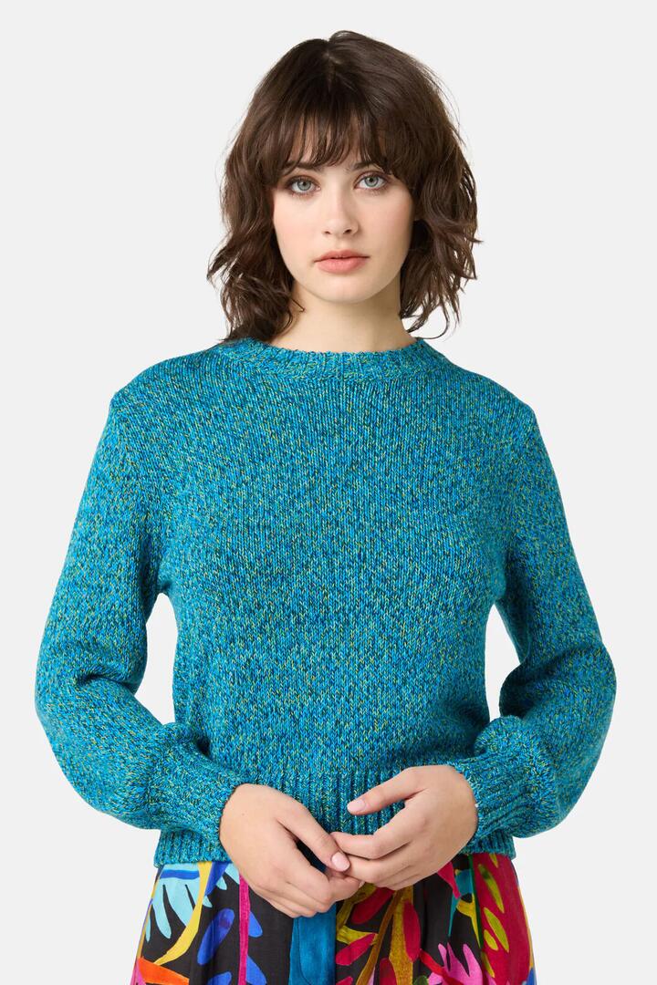 Image of a model wearing Outerwear. Product name - Romi Textured Jumper in Blue colour by brand - Gorman