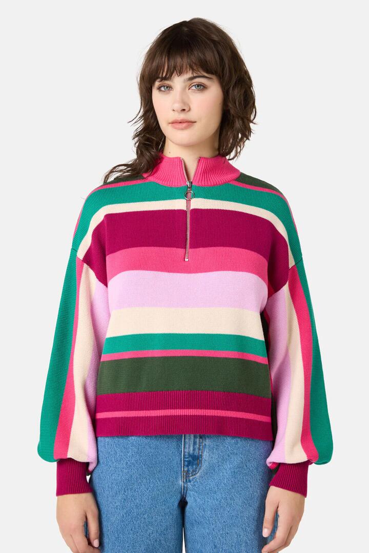Image of a model wearing Outerwear. Product name - Sporty Stripe Jumper in Pink colour by brand - Gorman