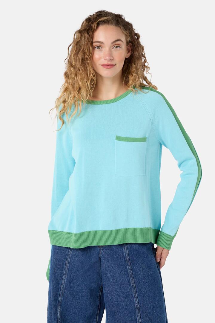 Image of a model wearing Outerwear. Product name - Splice Sporty Cotton Jumper in Blue colour by brand - Gorman