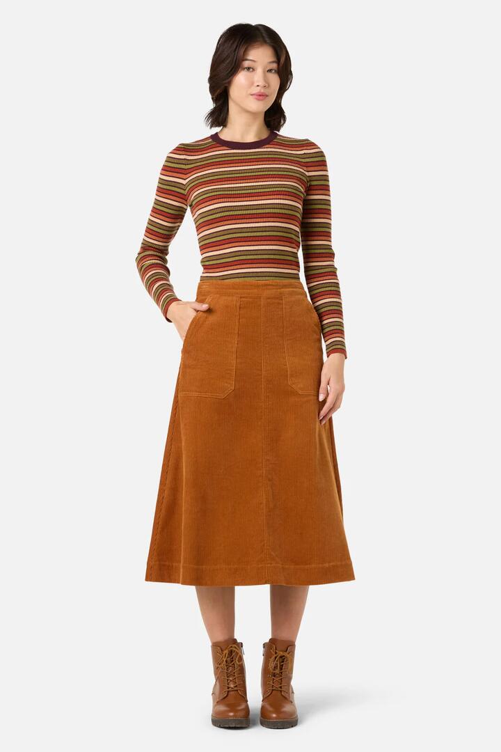 Image of a model wearing Skirts. Productname: Felicity Cord Midi Skirt in Mustard colour by brand - Princess Highway