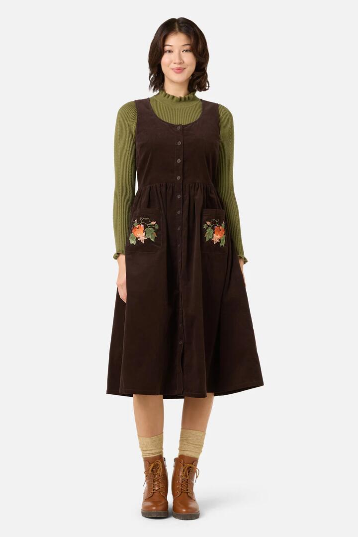 Image of Dresses. Productname: Pumpkin Embroidered Cord Dress in Chocolate colour by brand - Princess Highway