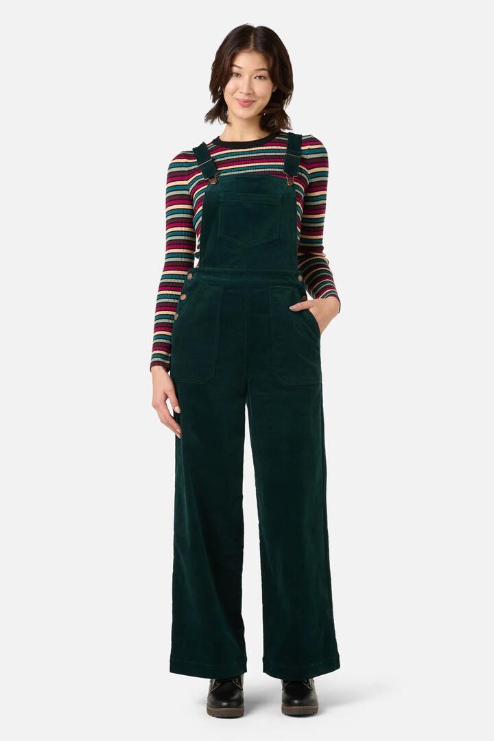 Image of a model wearing Pants. Productname: Casey Cord Overall in Teal colour by brand - Princess Highway